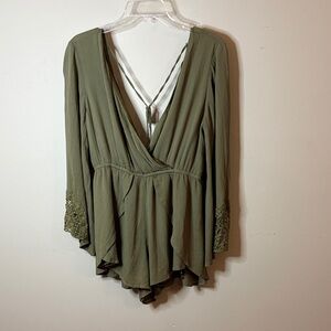 Olive Green Long Sleeve Surplice Romper
